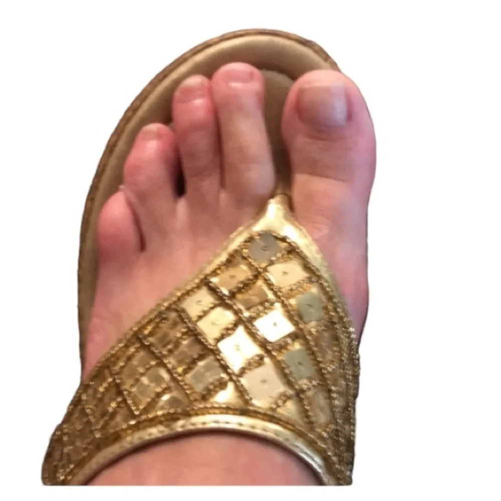Gold sequin size 10 wedge’s with seed beads and square sequins,Cork heel